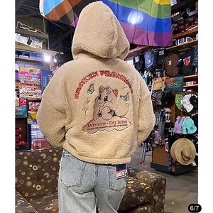 Beige Teddy Zip-Up Hooded Jacket with Cartoon Back Graphic